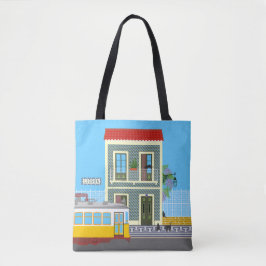 Bolsa Tote Casa velha de Lisboa com gatos e elétrico amarelo