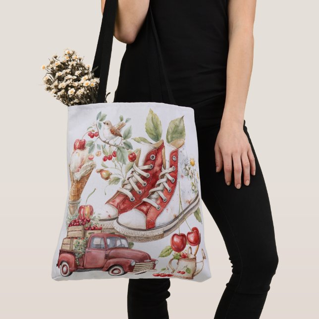 Bolsa Tote Casaco de Ganga com Cerejas de Verão Doce (Close Up)