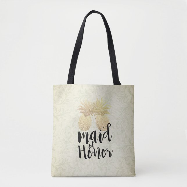 Bolsa Tote Casal de abacaxi Dourado da Madrinha de casamento  (Frente)