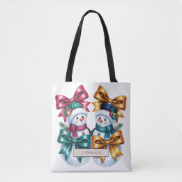Bolsa Tote Casal de Bonecos de Neve com Laços Rosa Dourado e