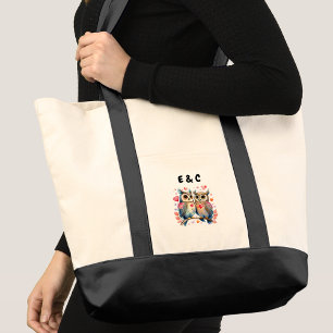 Bolsa Tote Casal de corujas fofas iniciais