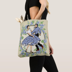 Bolsa Tote Casal de dança quadrada em azul com flores