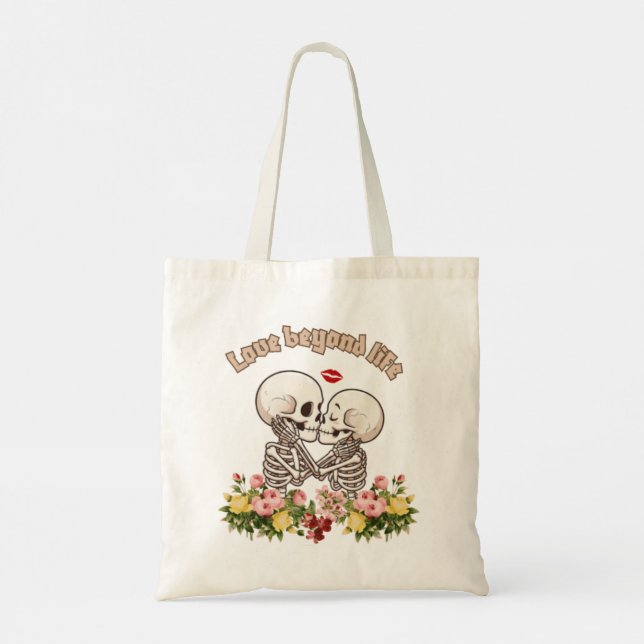Bolsa Tote Casal de Esqueleto Beijando com Floral Gótico (Verso)