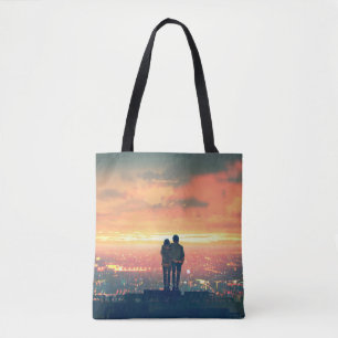 Bolsa Tote casal jovem no topo do teto olhando para c