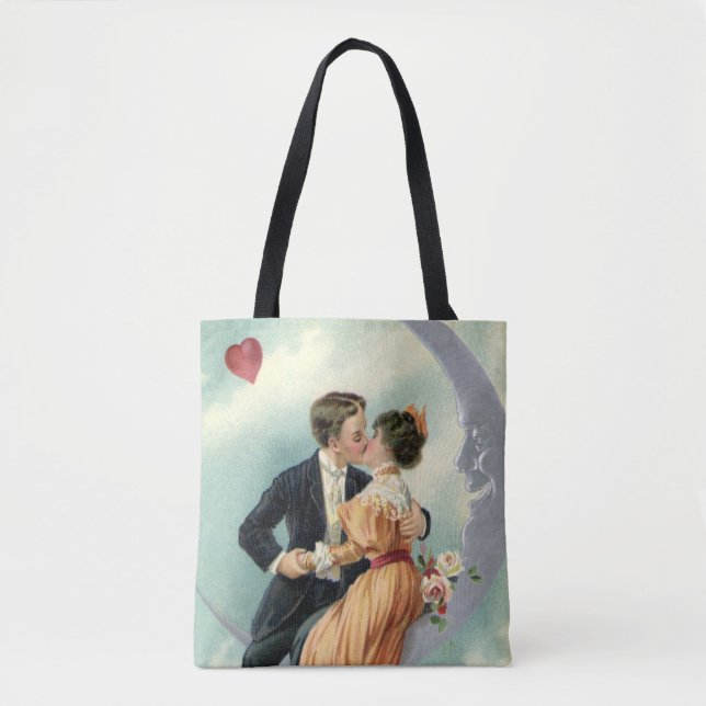 Bolsa Tote Casal Vitoriano Antigo se Beijando em uma Lua Cres (Frente)