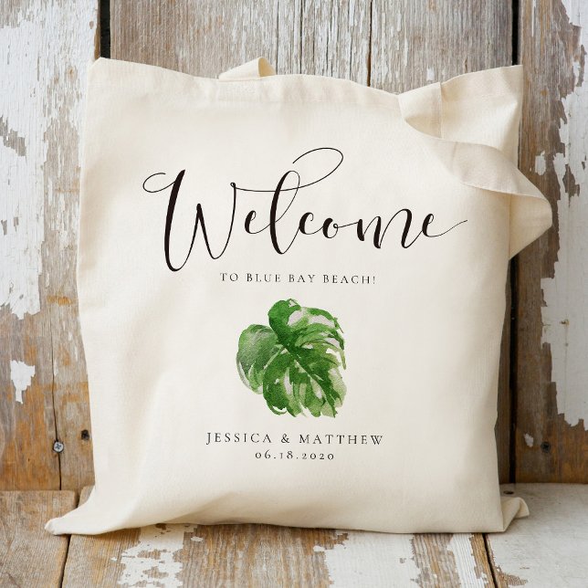 Bolsa Tote Casamento Bem-Vindo Watercolor Monstera Leaf Tropi (Criador carregado)