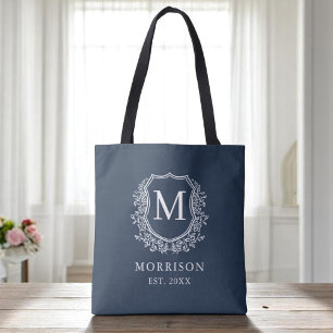 Bolsa Tote Casamento Botânico de Marinho Azul Crest Monograma