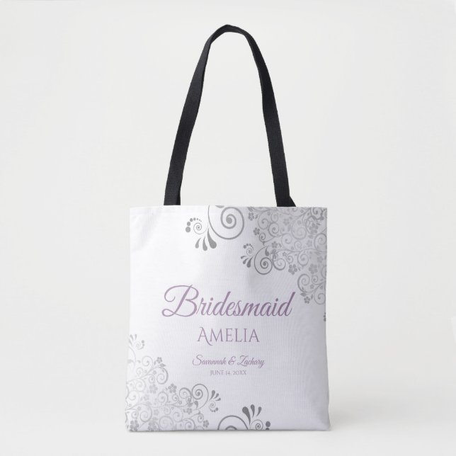 Bolsa Tote Casamento Branco da Frente de Prata e Lavanda (Frente)