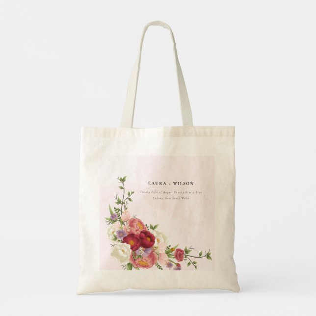 Bolsa Tote Casamento das Flores Brancas Rosa-Rosa-Brilhante (Verso)