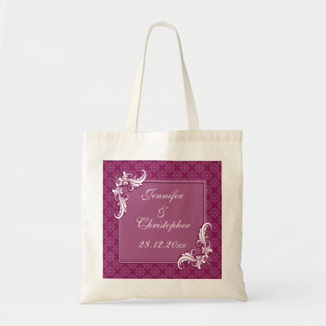 Bolsa Tote Casamento de Beaujolais Damask e Frame Floral (Frente)