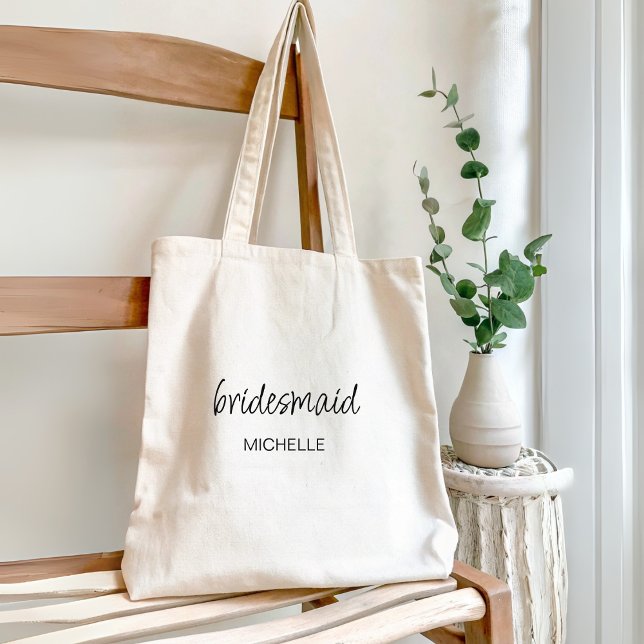 Bolsa Tote Casamento de Bridesmaid com Script Moderno Minimal (Bridesmaid Proposal or Wedding Gift Favor for Wedding Entourage Personalized Name Bridesmid Tote Bag)