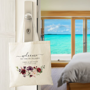Bolsa Tote Casamento de Destino Floral Borgonha Bem-Vindo
