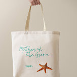 Bolsa Tote Casamento de estrelas-do-mar de praia mãe do noivo<br><div class="desc">Starfish,  mãe do saco de tote de casamento do noivo/praia/destino com roteiro de caligrafia azul aqua e texto editável. Personalize-o com o nome da mãe.</div>