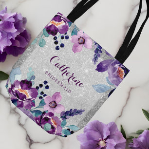 Bolsa Tote Casamento de Floral e Silver de Aquarela Roxo