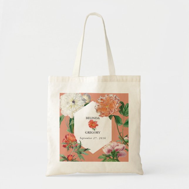 Bolsa Tote Casamento de Flores de Pêonias Rosa-Pêssegos-Pinhe (Frente)