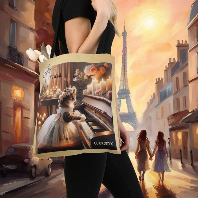 Bolsa Tote Casamento de Gato Bridal Engraçado Boho Chic (Funny wedding tote bag featuring a cute kitty playing the piano in a romantic setting with candles)