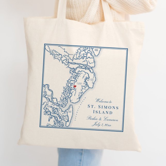 Bolsa Tote Casamento de Mapa de Marinhos da Ilha de Simons Ge (Elegant St. Simons Island Georgia Wedding Tote Bag with navy blue map )