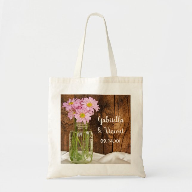 Bolsa Tote Casamento de Mason Jar Pink Daisies Country Barn (Frente)