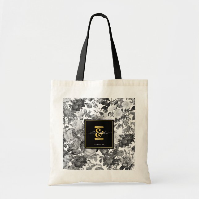 Bolsa Tote Casamento de Monograma Floral Dourado, preto, bran (Frente)