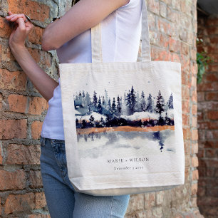 Bolsa Tote Casamento de neve com pinheiro de inverno Marinho 