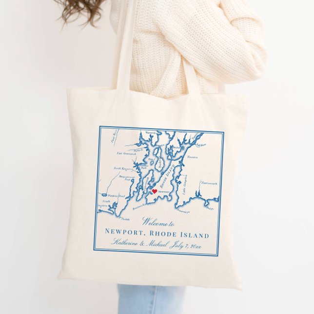 Bolsa Tote Casamento de Newport Rhode Island Tote Bag de Boas (Elegant Newport Rhode Island map wedding tote bag personalized with couples names and date)