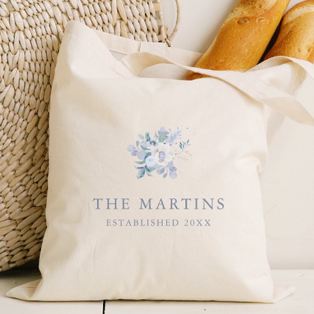 Bolsa Tote Casamento de Nome Personalizado Floral de Chic Blu (Criador carregado)