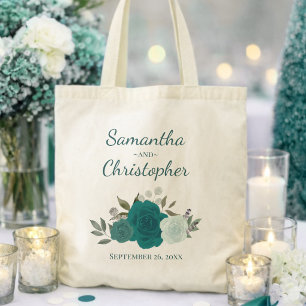 Bolsa Tote Casamento de Nomes de Casal Rosas Boho Aqua & Verd
