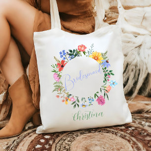 Bolsa Tote Casamento de Script Bridesmaid de Flor Selvagem