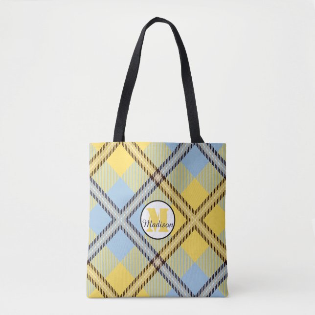 Bolsa Tote Casamento de Script de Tartan Monograma, Xadrez Az (Frente)