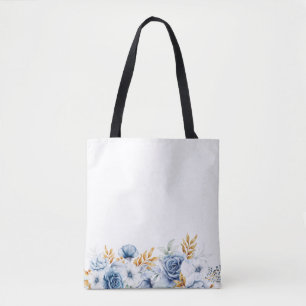 Bolsa Tote Casamento Dourado Floral Branco Dusty Blue