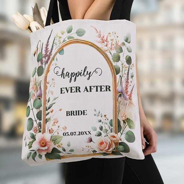 Bolsa Tote Casamento Elegante de Flores Clássicas de Aquarela (Elegant wedding tote bag featuring watercolor flowers on a classic gold frame - bride - bride to be)