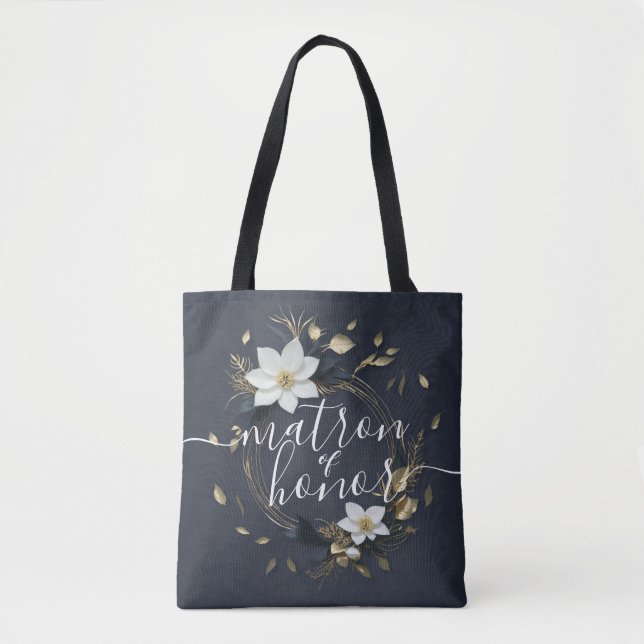 Bolsa Tote Casamento Floral Branco e Dourado Matrimônio de Ho (Frente)
