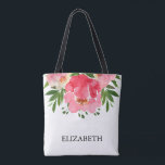 Bolsa Tote Casamento Floral de Peony Rosas Watercolor<br><div class="desc">Presente este belo saco de tote personalizado com flores florais vibrantes em tons de rosa e creme e personalizado em letras quentes. CORRESPONDENTE A ITENS na nossa loja.</div>