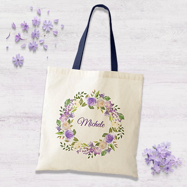 Bolsa Tote Casamento Floral de Púrpura Elegante e Dourada Wat (Criador carregado)