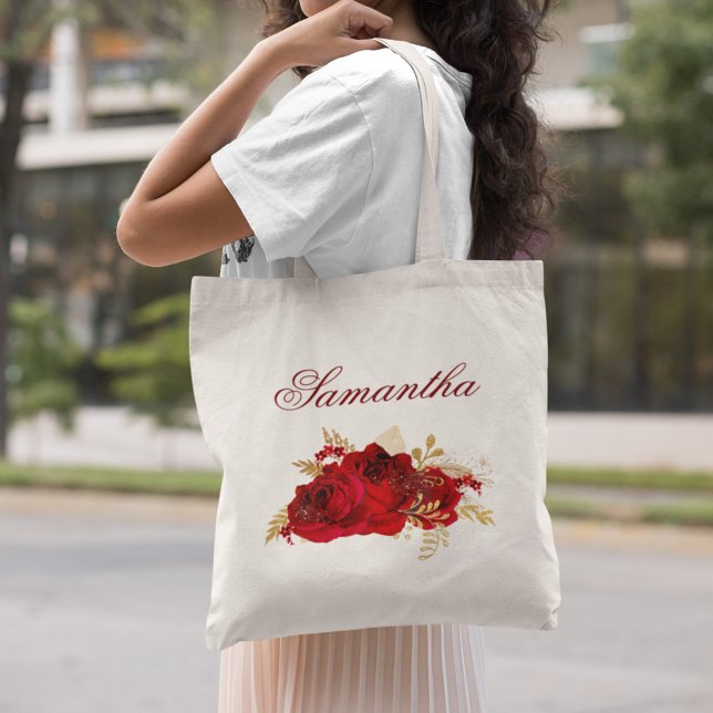 Bolsa Tote Casamento Floral de Rosas vermelhas Personalizadas (Criador carregado)