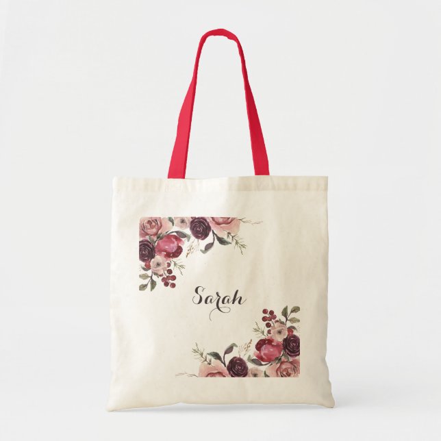 Bolsa Tote Casamento Floral de Verão de Burgundy Elegante (Frente)