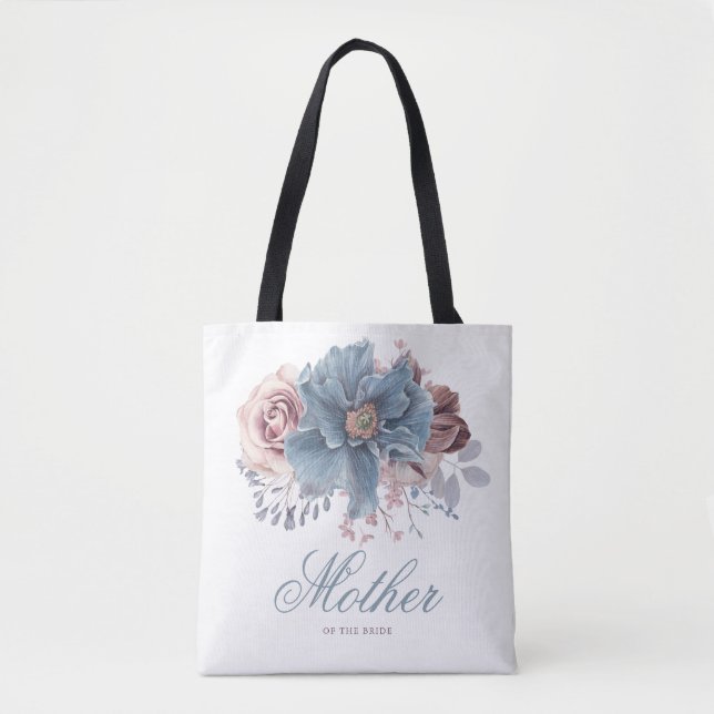 Bolsa Tote Casamento Floral Elegante Azul Poento e Mauve (Frente)