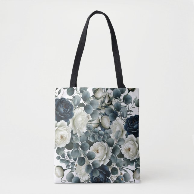 Bolsa Tote Casamento Floral Moderno Azul Escuro e Branco (Frente)