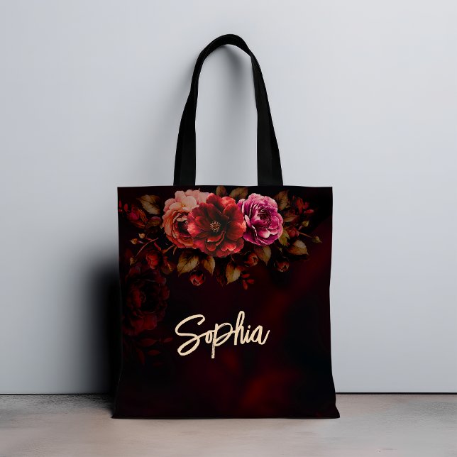 Bolsa Tote Casamento floral negro vermelho-romano chico (Criador carregado)