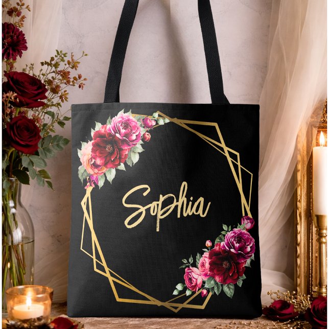 Bolsa Tote Casamento floral preto vermelho-chic (Criador carregado)