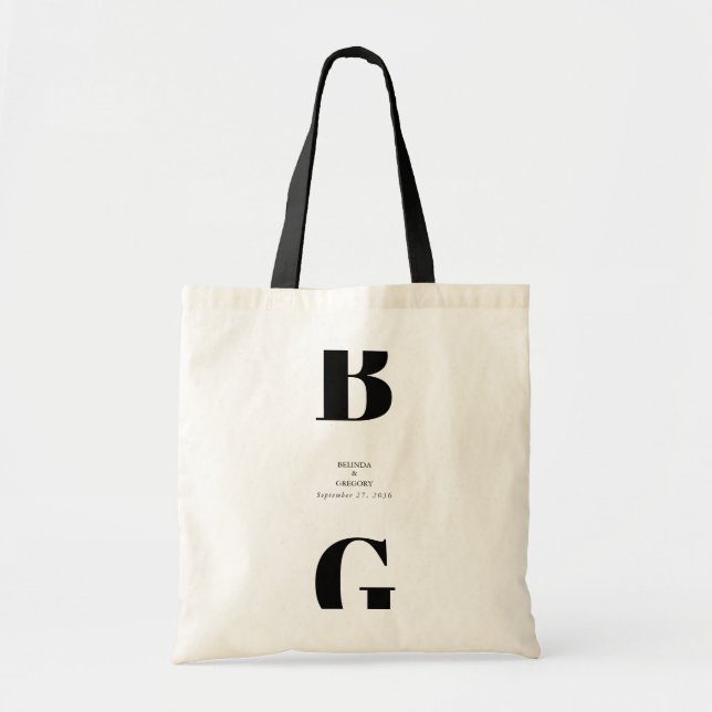 Bolsa Tote Casamento Mínimo Moderno do Monograma Negro e Bran (Frente)