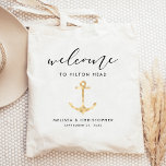 Bolsa Tote Casamento Náutico Bote Bag Dourada Bem-Vindo<br><div class="desc">Este hotel náutico de destino de casamento ou bolsa de favores apresenta uma ilustração da silhueta de uma âncora em folha de ouro, sob a palavra "bem-vindo" em um guião elegante de escrita manual preta. Personalize-o com o local do casamento, os nomes da noiva e do noivo, e a data...</div>