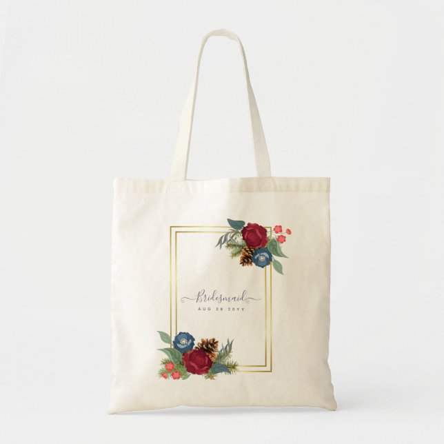 Bolsa Tote Casamento no inverno Borgonha Azul Azul Moderno (Frente)