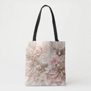 Bolsa Tote Casamento Personalizado de Ivory Beige Florals