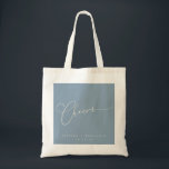 Bolsa Tote Casamento Personalizado de Script Azul com Mínimo<br><div class="desc">Saco de Tote de Casamento Personalizado com Script Minimalista em Azul Dusty</div>