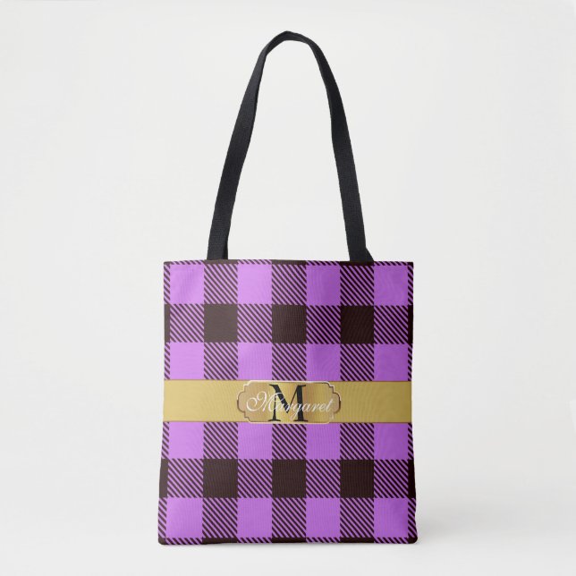 Bolsa Tote Casamento Personalizado de Stripe Tartan na moda O (Frente)