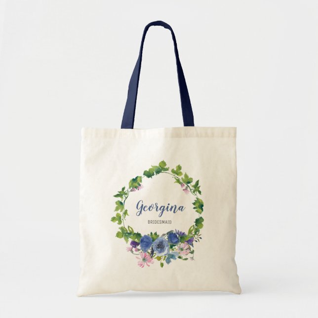 Bolsa Tote Casamento por Aquarela Floral Azul-Girly Personali (Frente)