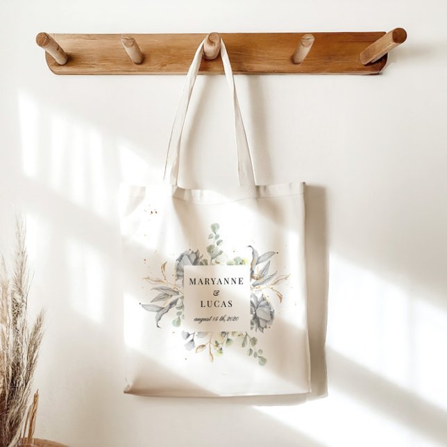 Bolsa Tote Casamento por Monograma Floral de Prata Dramática (Criador carregado)