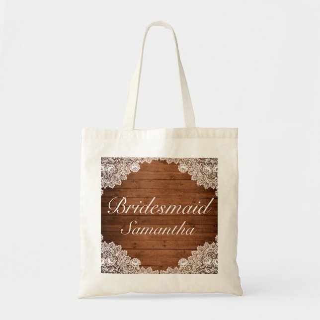Bolsa Tote Casamento Rustic Wood & White Lace Bridesmaid (Frente)