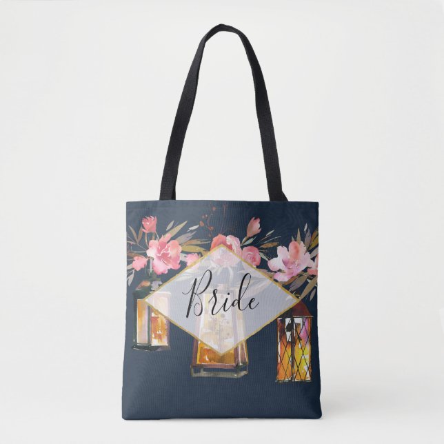 Bolsa Tote Casamento Rústico Lanternas Marinho Coral Azul (Frente)